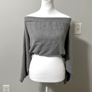 Soft grey over the shoulder sweater- cropped